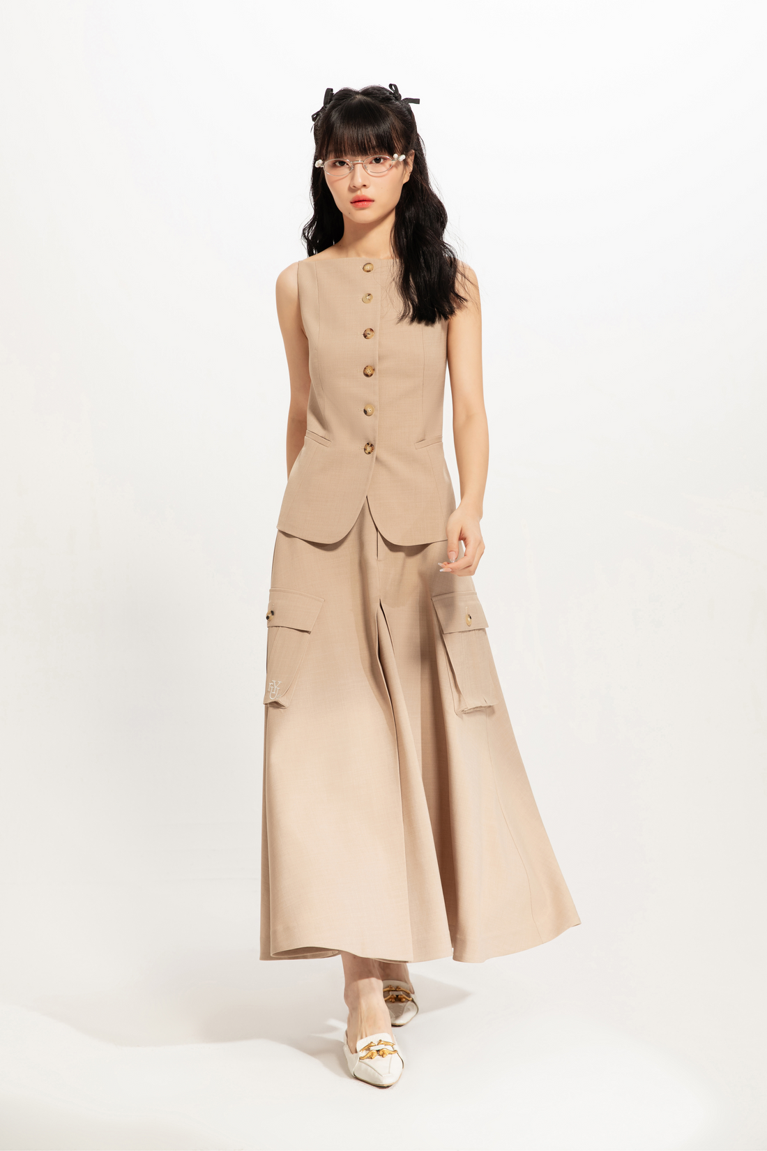 Cargo Pleat Midi Skirt